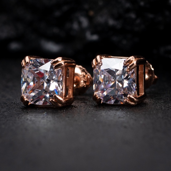 Womens Mens Cushion Cut Rose Gold Plate Pretty Pink Screw Back Stud Earrings - Picture 1 of 6